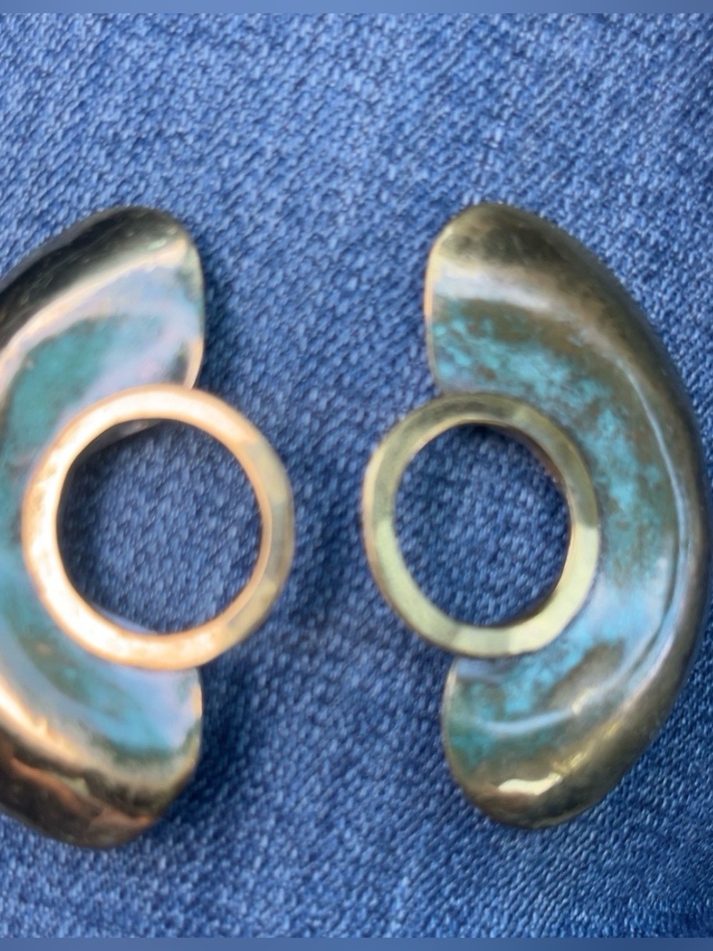 Vintage Modernist Brass Crescent Earrings Abstract Statement Patina